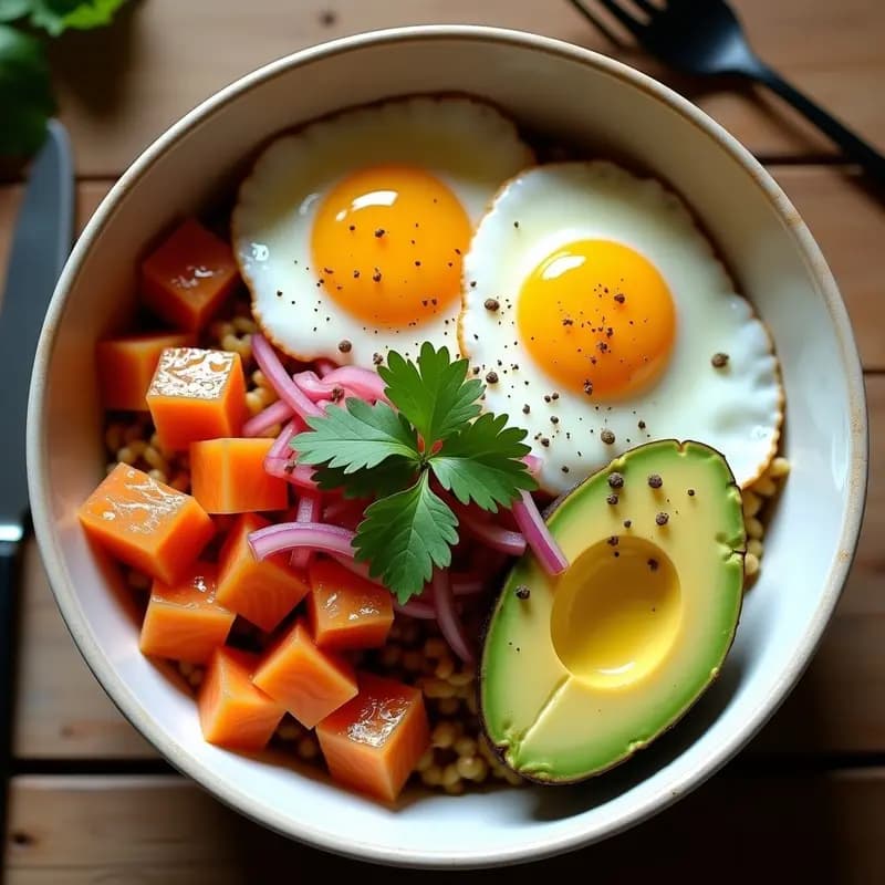 Bowl colorido con yuca fermentada dorada, trozos de salmón ahumado, aguacate en cubos, huevos fritos y aderezo cremoso de lulo. Decorado con cebolla morada, cilantro fresco y un toque de pimienta negra sobre fondo rústico de madera.