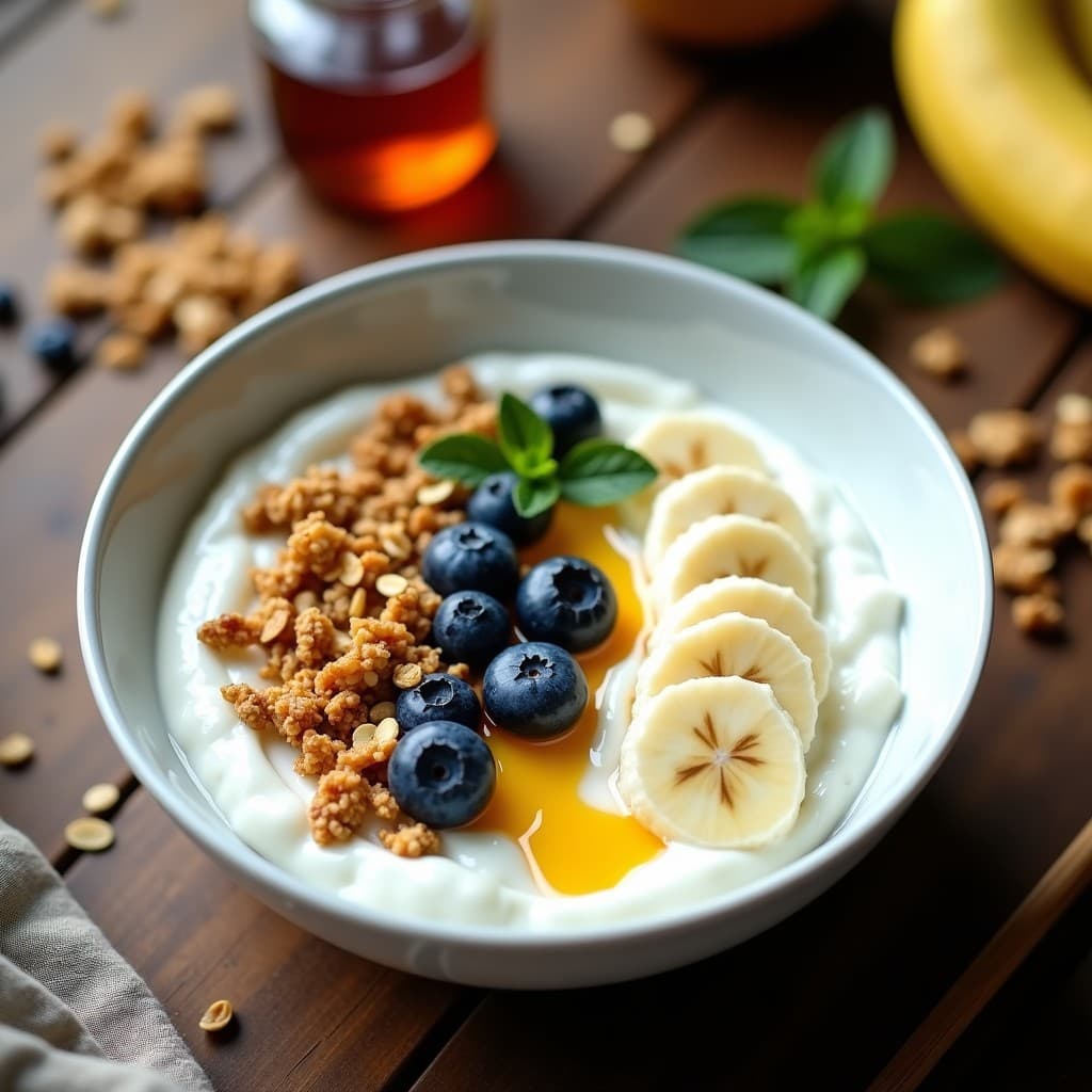 Bowl de desayuno con yogur griego cremoso, granola dorada de quinoa y avena, arándanos frescos, rodajas de plátano y un toque de miel, servido en un plato blanco sobre fondo rústico de madera.