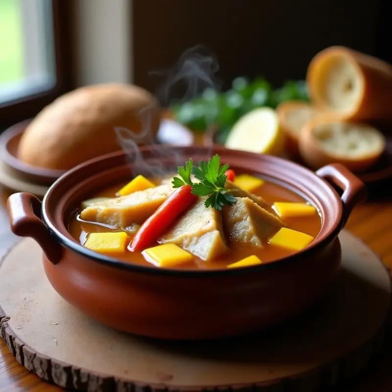 Olla de barro humeante con bqueryón de congrio chileno tradicional, trozos de pescado blanco en estofado espeso con papas amarillas, aji criollo y perejil fresco, servido en plato hondo rústico.