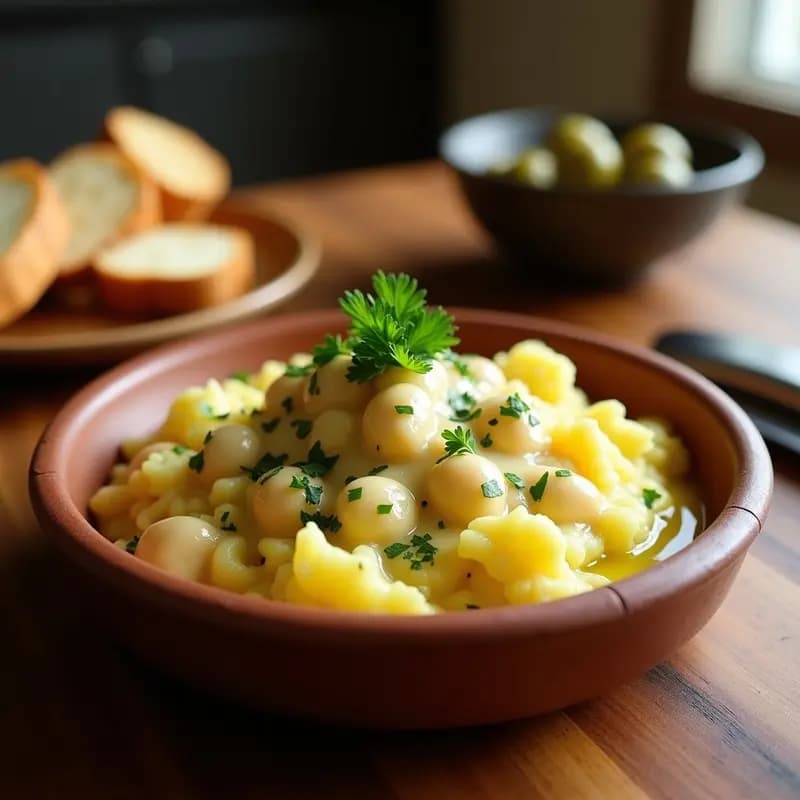 Brandade de bacalhau con patatas portuguesa servida en bol de barro rústico, con textura cremosa y dorada, acompañada de pan tostado y aceitunas. Plato tradicional luso con toque gourmet.
