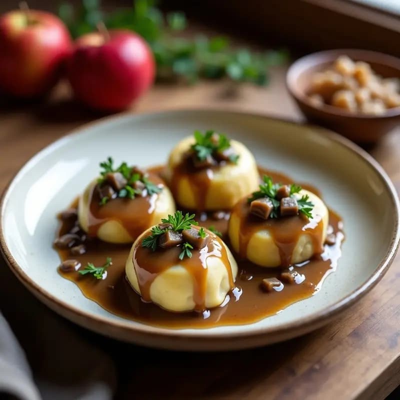 Plato hondo de cerámica blanca con cuatro Brandenburger Klöse veganas doradas, bañadas en una salsa espesa de champiñones portobello y cebolla, decoradas con perejil fresco. Fondo rústico con servilleta de lino y tenedor de madera.