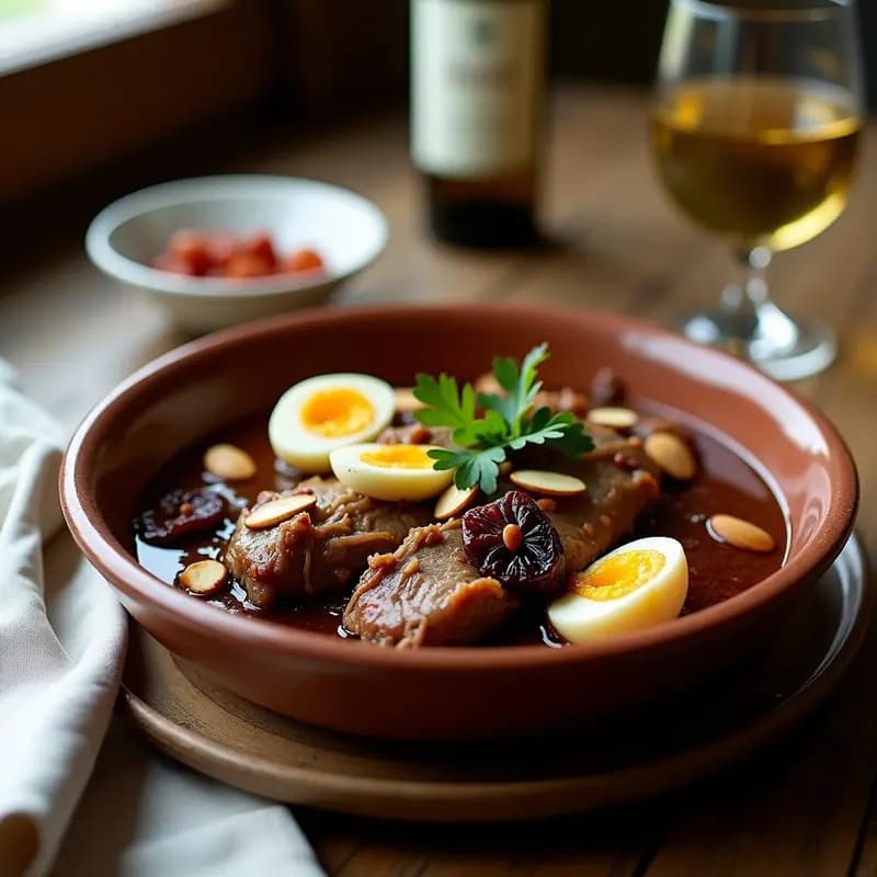 Plato hondo de barro con Brás de Pato portugués, trozos de pato desmenuzado en salsa oscura con ciruelas pasas y almendras, acompañado de huevos duros y perejil fresco, servido sobre mesa rústica de madera.