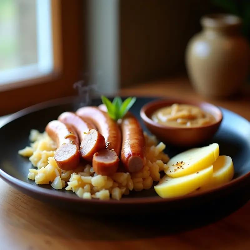 Plato rústico de cerámica blanca con Bratwurst alemán en rodajas sobre un lecho de chucrut dorado, acompañado de puré de manzana cremoso y perejil fresco. Receta tradicional en olla lenta.