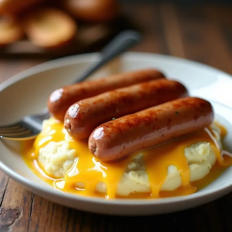 Plato hondo de cerámica blanca con una P routine de salchicha Bratwurst dorada sobre un puré de patatas cremoso, cubierta con una generosa capa de salsa de queso cheddar fundido y gratinado. Acompañado de un tenedor y fondo de cocina rústica.