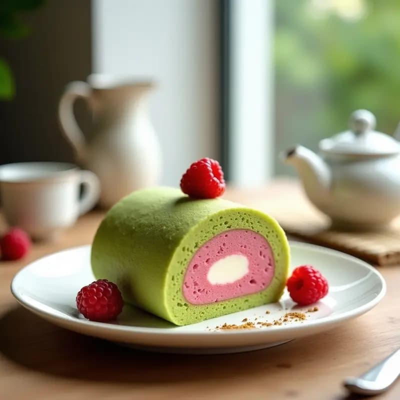 Brazo de gitano de matcha y mermelada de frambuesa cortado en rodajas, mostrando capas de bizcocho esponjoso verde y relleno rosa de frambuesa, sobre un plato blanco con detalles japoneses.