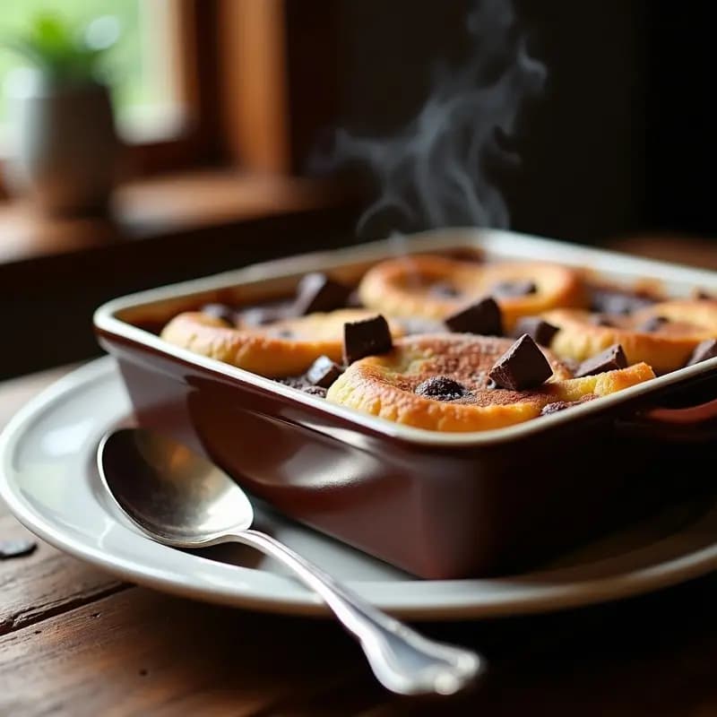 Bread Pudding de Chocolate y Whisky en molde rectangular, dorado por encima con trozos de chocolate negro fundido y un toque de canela espolvoreada. Postre británico reconfortante servido en plato de cerámica blanca con cuchara de madera.