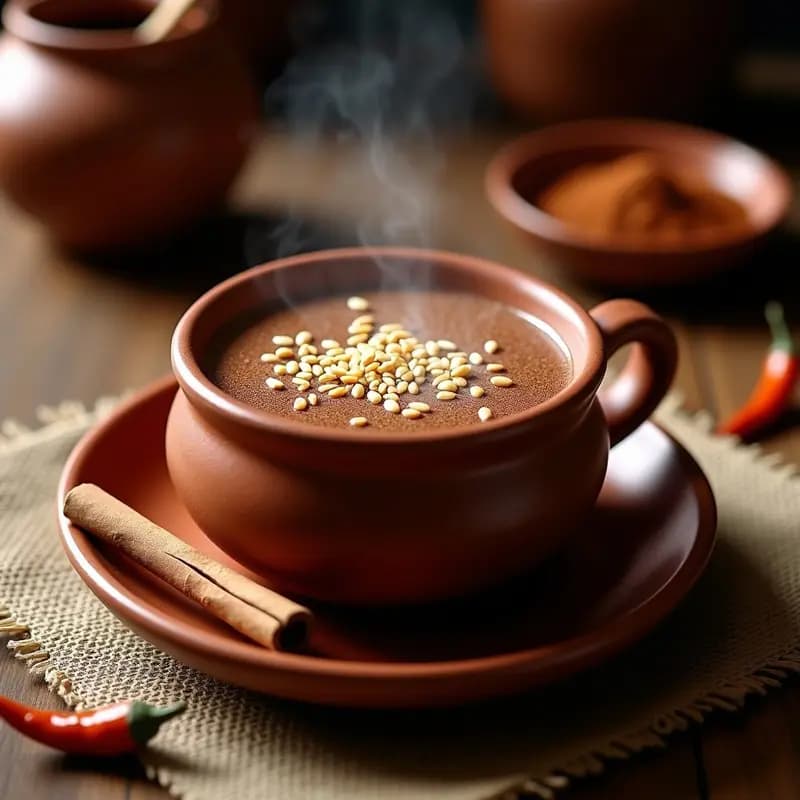 Tazón de barro humeante con brebaje de cacao y chile, bebida mexicana tradicional oscura y espumosa, decorada con cacao rallado y una rama de canela, sobre fondo rústico de madera.