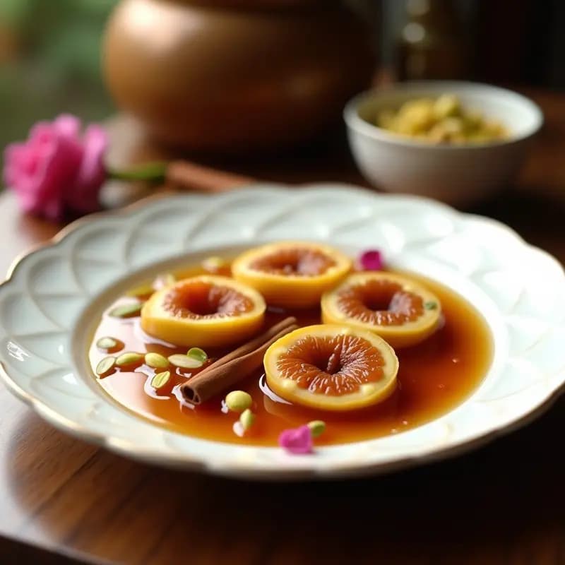 Plato blanco de porcelana con brehvas doradas en almíbar transparente y aromático, decoradas con pistachos fileteados y pétalos de rosa. Postre pakistaní vegano de Brehva en Almíbar de Rosa y Cardamomo, servido con cuchara de plata.