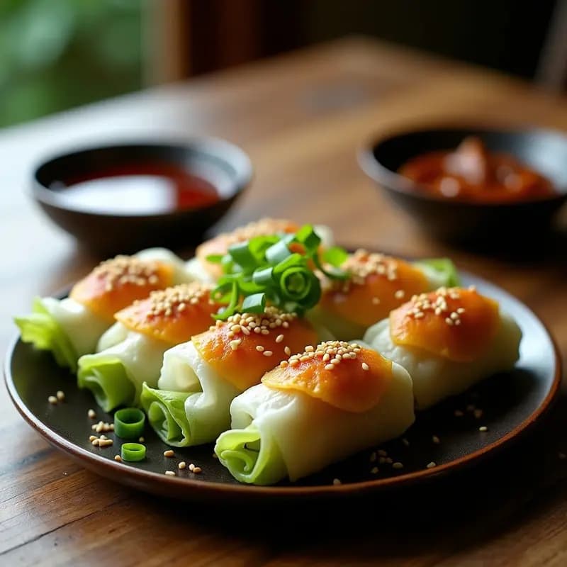 Bridge rolls dorados y crujientes rellenos de carne picada y repollo, servidos con salsa hoisin espesa sobre un plato blanco. Receta china en airfryer con textura perfecta y brillo glaseado.