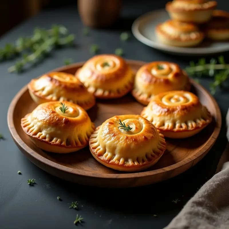 Bridies Escoceses de Cordero y Nabos en Airfryer: empanadas doradas y crujientes con bordes sellados, dispuestas en una fuente de madera con hierbas frescas al lado. Receta tradicional escocesa.
