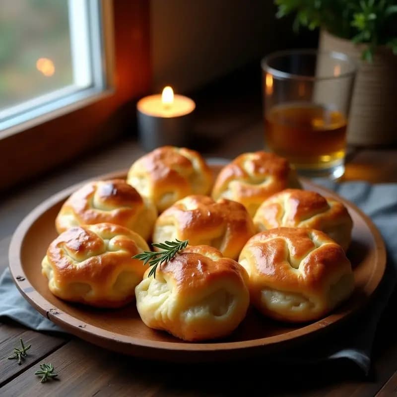 Bridies escoceses dorados y crujientes en el Airfryer, rellenos de carne de res jugosa con whisky, servidos en un plato de madera rústico con un fondo de invierno y una copa de whisky al lado.