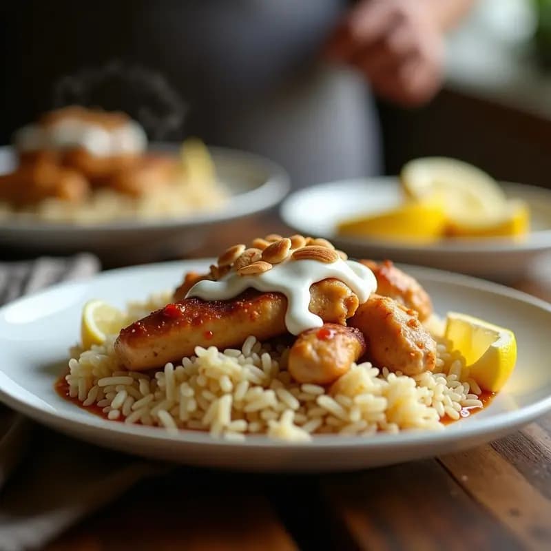 Olla de barro con bridine libanés: arroz basmati esponjoso, trozos de pollo dorado y salsa cremosa de yogur con menta fresca. Decorado con almendras fileteadas y rodajas de limón al lado.