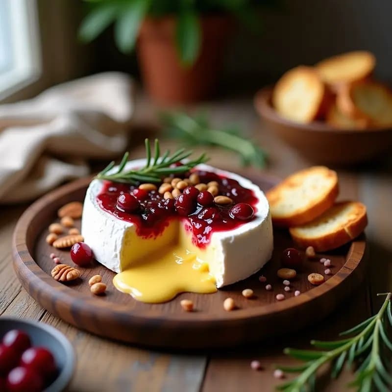Queso Brie al horno derretido en fuente de cerámica, cubierto con mermelada de arándanos brillante, nueces picadas y hojas de romero fresco, servido con rebanadas de baguette tostada.