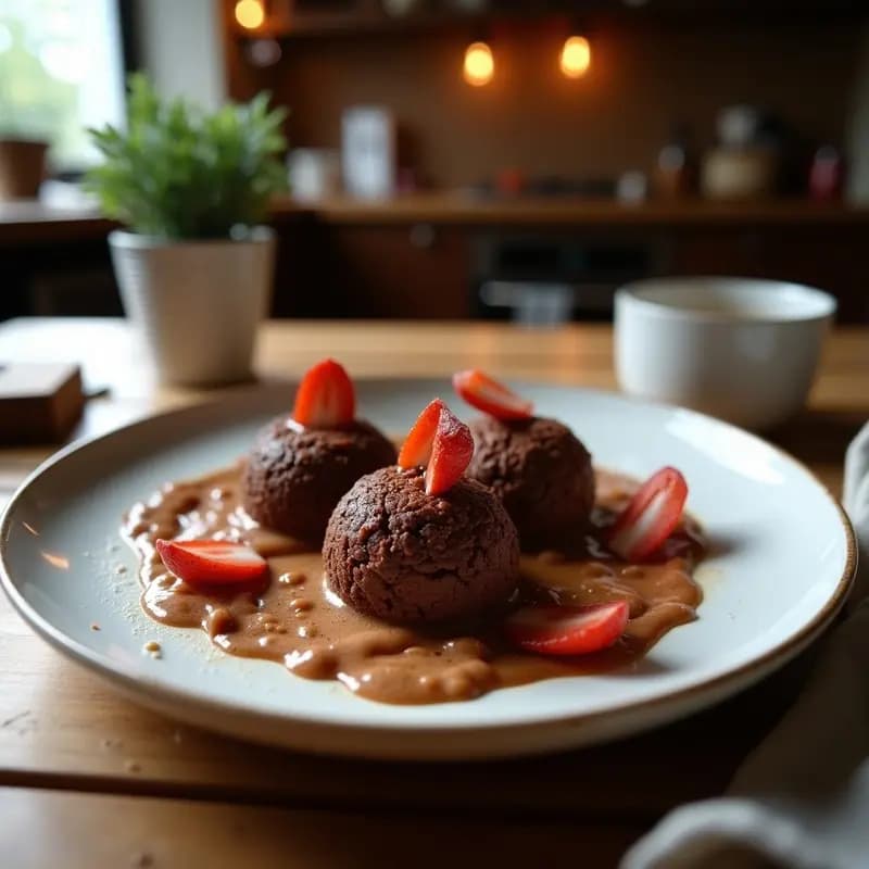 Bandeja de madera con brigadeiros de cacao y avellanas con trozos de bacon vegano sin azúcar, decorados con cacao nibs y avellanas picadas, sobre capsulitas de papel dorado.