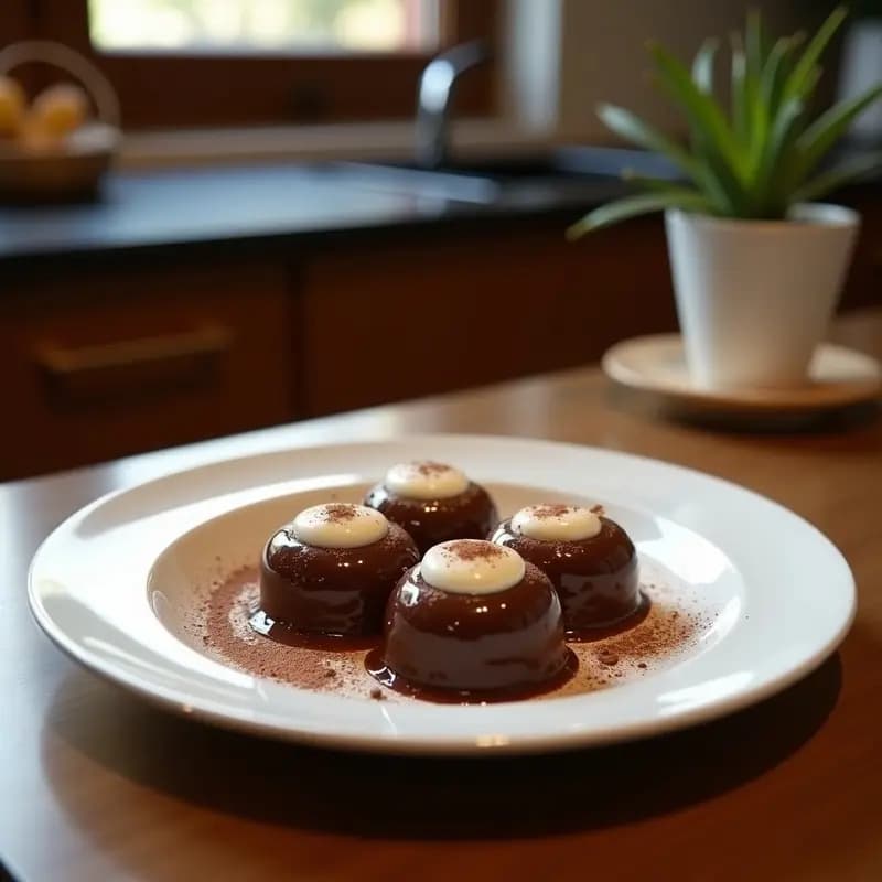 Bandeja de madera con brigadeiros brasileños de cacao y queso crema, decorados con coco rallado y raspadura de chocolate negro, servidos en capsulitas de papel dorado sobre fondo oscuro.