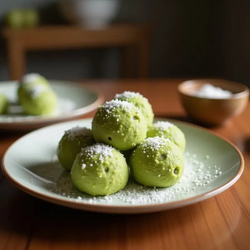 Brigadeiro de matcha y coco servido en capsulitas de papel marrones, con textura sedosa y cubierto de coco rallado blanco. Postre brasileño vegano y energético con toques de verde del matcha.