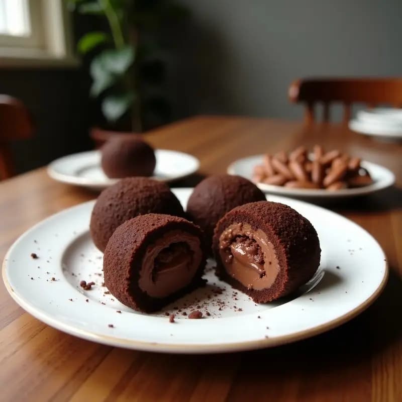 Brigadeiros de chocolate negro y castaña sin gluten, bolitas brillantes cubiertas de cacao en polvo y coco rallado, servidos en capsulas de papel dorado sobre una bandeja de madera rústica.