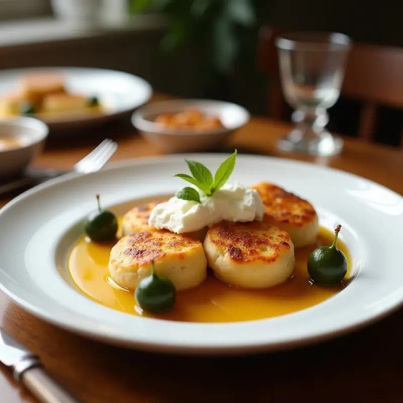 Cuatro unidades de Brik al Laban doradas y crujientes, servidas en un plato blanco con vetas azules, rellenas de queso ricotta y bañadas con miel de tomillo. Decoradas con hojas de menta fresca y almendras fileteadas, sobre un fondo rústico de madera.