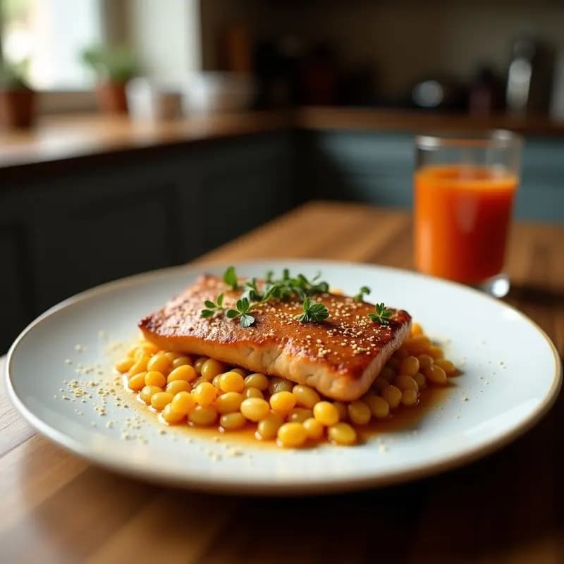 Plato blanco con seis briks tunecinos dorados y crujientes, rellenos de atún y huevas de salmón, espolvoreados con sésamo tostado. Acompañados de rodajas de limón y eneldo fresco sobre un mantel rústico.