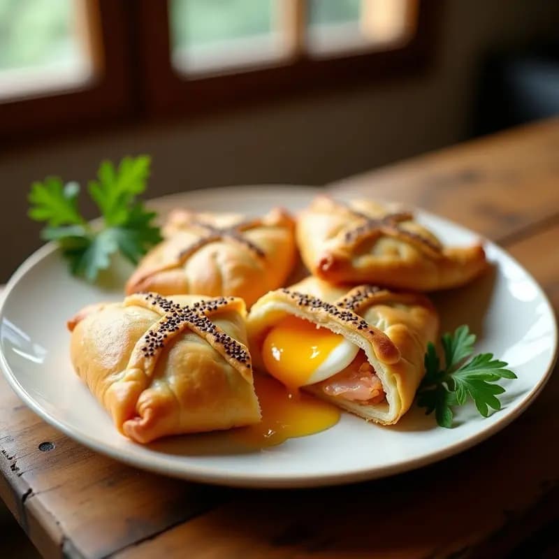 Brik de Atún y Huevo con Cruz de Sésamo servido en plato blanco, dorado y crujiente por fuera, con yema líquida y sésamo tostado en forma de cruz sobre la superficie, acompañado de perejil fresco.