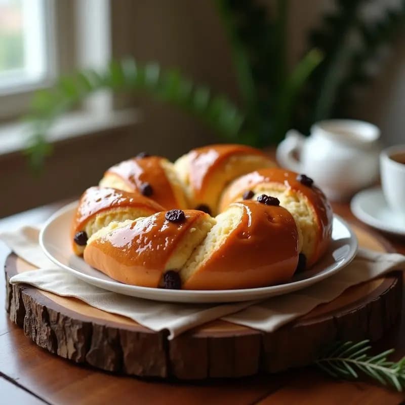 Brioche dorado y esponjoso con vetas de canela y pasas, coronado con un glaseado brillante de erythritol. Desayuno keto sin azúcar servido en bandeja de madera rústica.