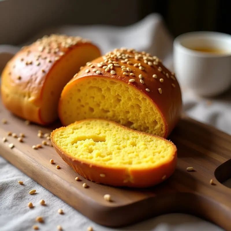 Brioche dorado y esponjoso de cúrcuma y miel, con semillas de sésamo tostadas en la superficie, cortado por la mitad mostrando su miga amarilla vibrante. Pan francés antiinflamatorio y sin lactosa, servido en una tabla de madera rústica con un fondo de tela de lino.