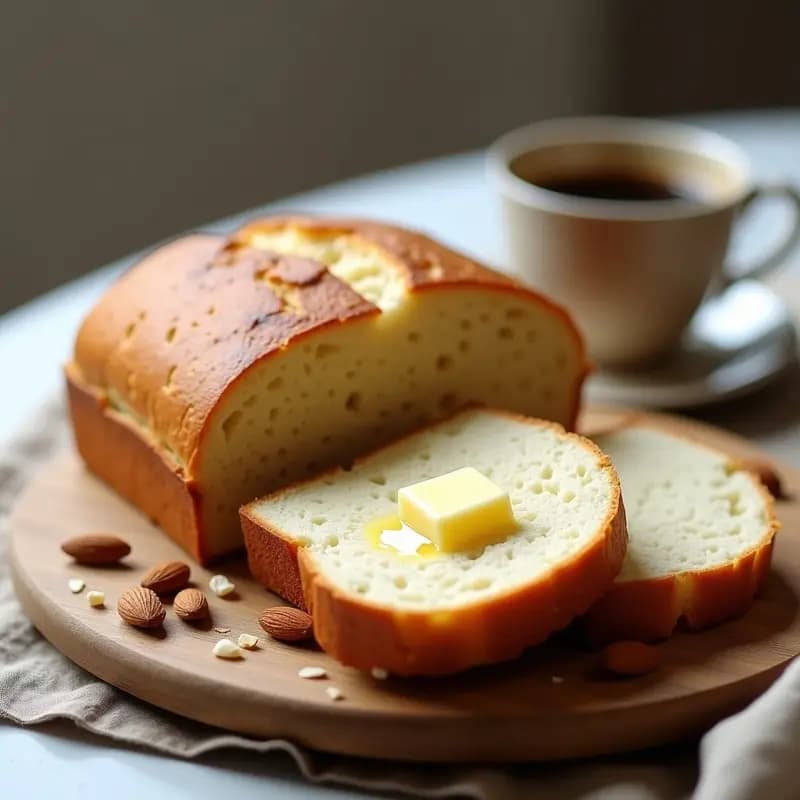 Brioche francés dorado y esponjoso cortado en rebanadas, con textura aireada y costra crujiente, hecho con harina de almendra para una receta keto y sin gluten.