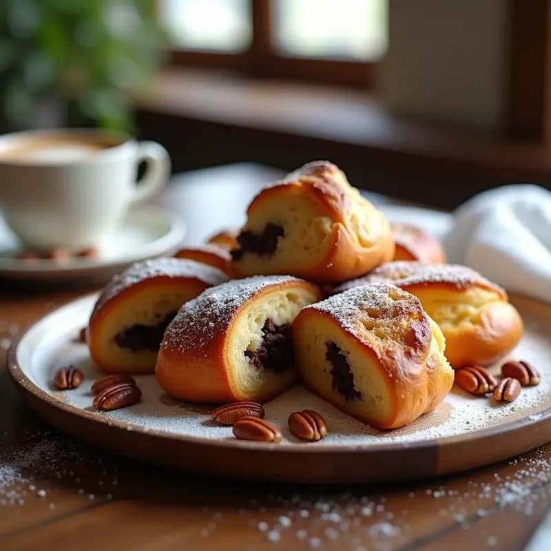 Brioche francés dorado y esponjoso con trozos de chocolate negro y nuez de pecana asomando, espolvoreado con azúcar glass, servido en bandeja de madera rústica sobre fondo claro.