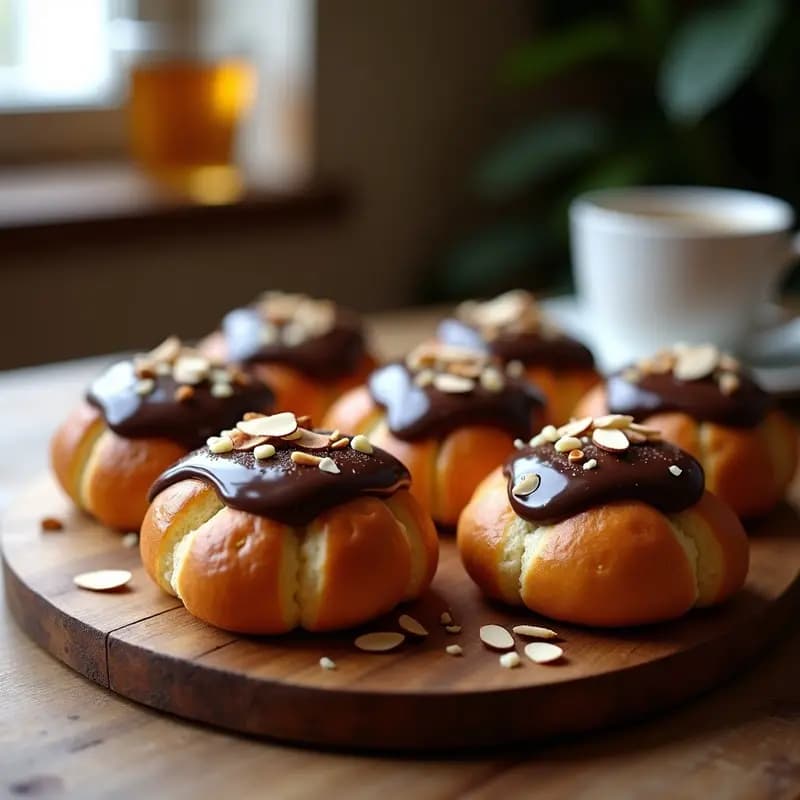 Brioche francés vegano con chocolate en molde de corona, dorado y esponjoso, con vetas de chocolate negro y semillas de chía tostadas en la superficie, servido sobre tabla de madera rústica.