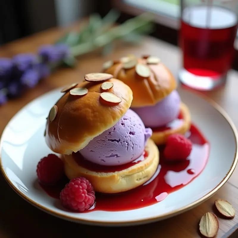 Brioche Francés con Helado de Lavanda y Salsa de Frambuesas: Desayuno Dulce y Sofisticado