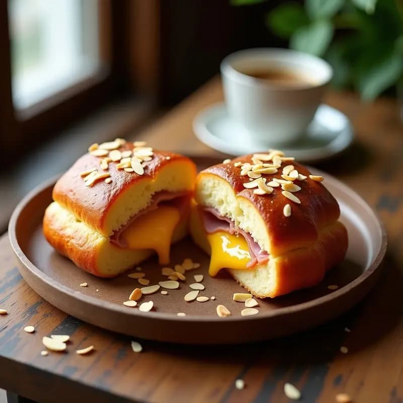 Brioche francés dorado y esponjoso relleno de jamón serrano y queso Gruyère, con almendras fileteadas y brillo de miel y mostaza, servido en una bandeja de madera sobre fondo rústico.