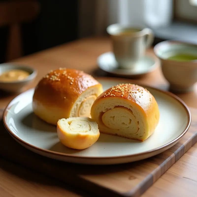 Brioche japonés dorado y esponjoso con semillas de sésamo, cortado por la mitad para mostrar su miga aireada y vetas de mantequilla de maní. Plato de desayuno sin lactosa con toque umami.