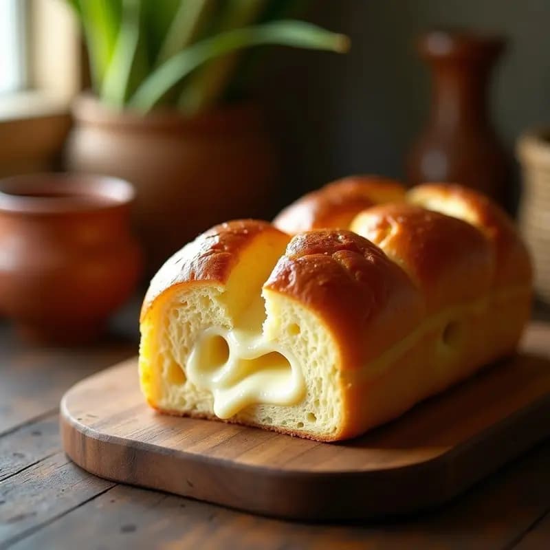 Brioche de panela y queso colombiano recién horneado, dorado y esponjoso, con queso derretido asomándose en el centro, espolvoreado con azúcar glass sobre una bandeja rústica de madera.