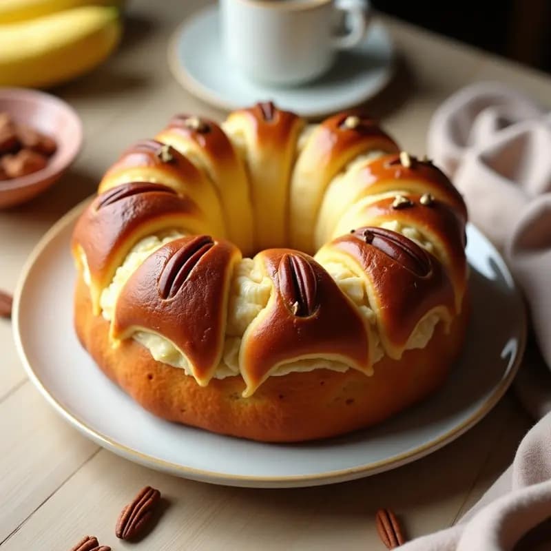 Brioche francés dorado y esponjoso con trozos de plátano y nueces pecanas, horneado en molde redondo, textura aireada y superficie crujiente, desayuno sin azúcar con harina integral.