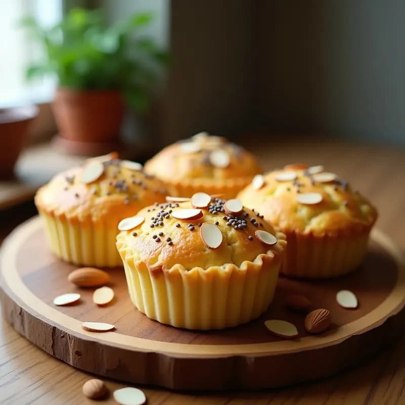 Brioche dorado y esponjoso de proteína de guisante con semillas de chía y almendras fileteadas, servido en molde individual sobre tabla de madera rústica. Receta fitness sin harina.
