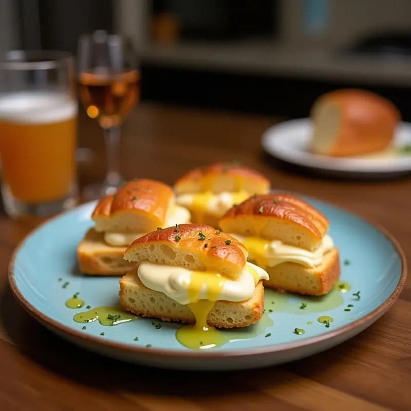 Brioche dorado en forma de media luna relleno de queso azul desmenuzado y nueces caramelizadas, con detalles de sal marina y tomillo fresco, sobre bandeja de madera rústica.
