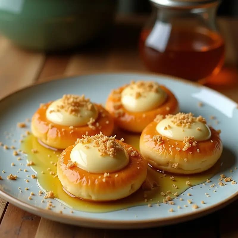 Briouats marroquíes dorados y crujientes rellenos de queso de cabra, bañados en miel y espolvoreados con sésamo tostado, servidos en una bandeja de madera rústica con té de menta al fondo.
