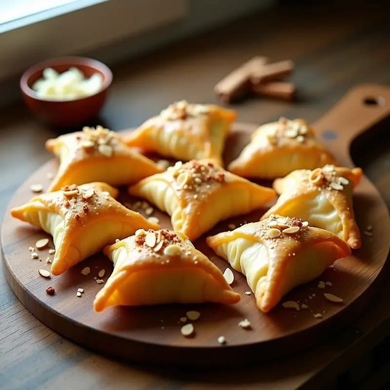 Briouats marroquíes dorados y crujientes en forma de triángulo, rellenos de queso feta y miel de azahar, servidos en bandeja de madera con almendras fileteadas y un hilo de miel por encima.