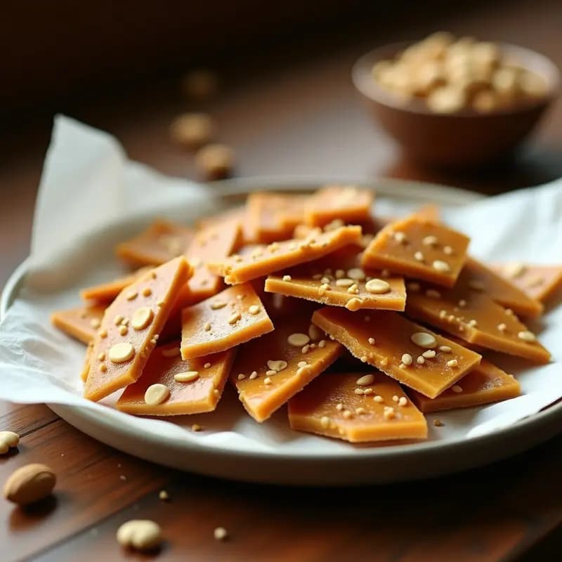 Brittle de maní y semillas de chía dorado y crujiente, roto en trozos irregulares sobre papel de horno, con semillas de sésamo visibles en la superficie. Snack proteico sin azúcar ideal para tupper.