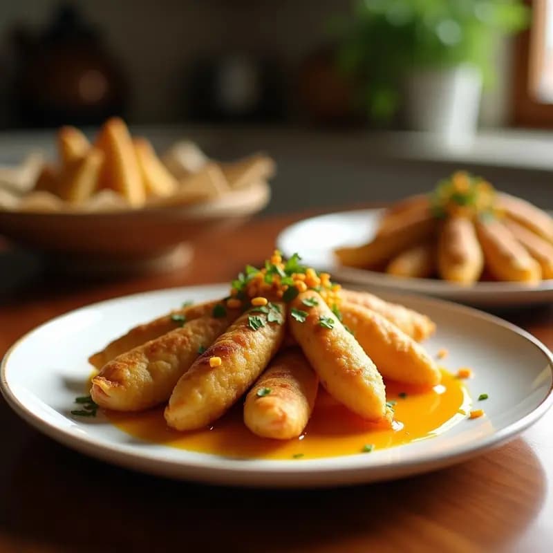 Briwat marroquí de pollo y almendras dorados y crujientes en forma de triángulo, servidos en un plato de cerámica blanca con sésamo tostado y miel de azahar, receta de empanadillas dulces y saladas en airfryer.