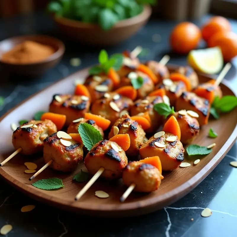 Brochetas morunas de pollo y albaricoques con ras el hanout al grill, servidas en una bandeja de madera con almendras tostadas y menta fresca, receta marroquí tradicional.