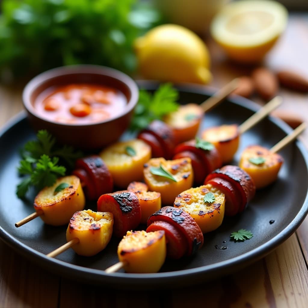 Brochetas doradas en parrilla con corazones de alcachofa y chorizo vegano, servidas sobre plato rústico de barro con salsa romesco de almendras cremosa y perejil fresco, receta española tradicional en barbacoa.