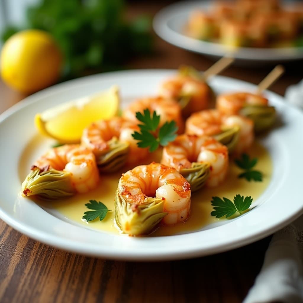 Brochetas doradas de corazón de alcachofa y gambas en airfryer, servidas en plato blanco con aliño de limón y perejil fresco espolvoreado, fondo rústico con limones cortados.