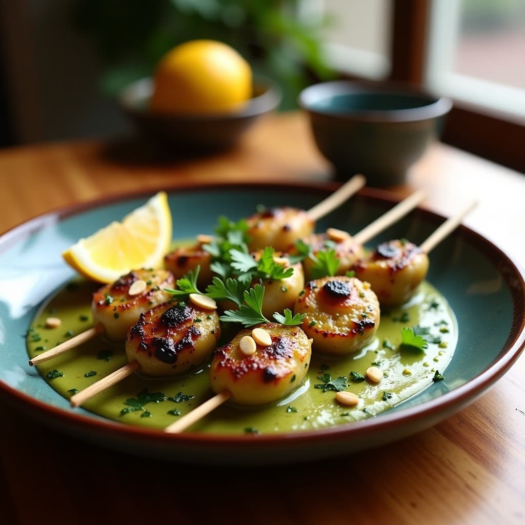 Brochetas gourmet de corazón de alcachofa y pulpo doradas en grill, servidas en plato rústico de barro con mojo verde espeso y almendras tostadas. Receta española con toques ahumados y hierbas frescas.