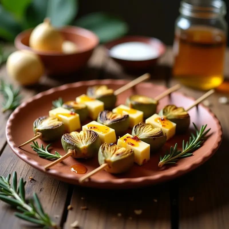 Brochetas doradas en grill con trozos de corazón de alcachofa tierna y queso de cabra semicurado, bañadas en miel de romero brillante, servidas en plato rústico de barro con romero fresco.