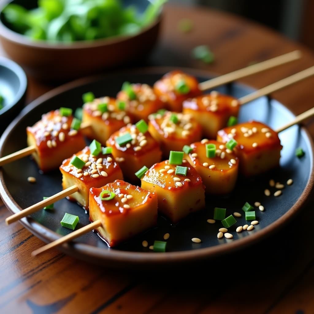 Brochetas de corazón de alcachofa marinadas en salsa teriyaki con semillas de sésamo tostadas, servidas en plato de madera oscuro con cebollino picado y palillos de bambú. Entrante japonés sin gluten con brillo caramelizado.