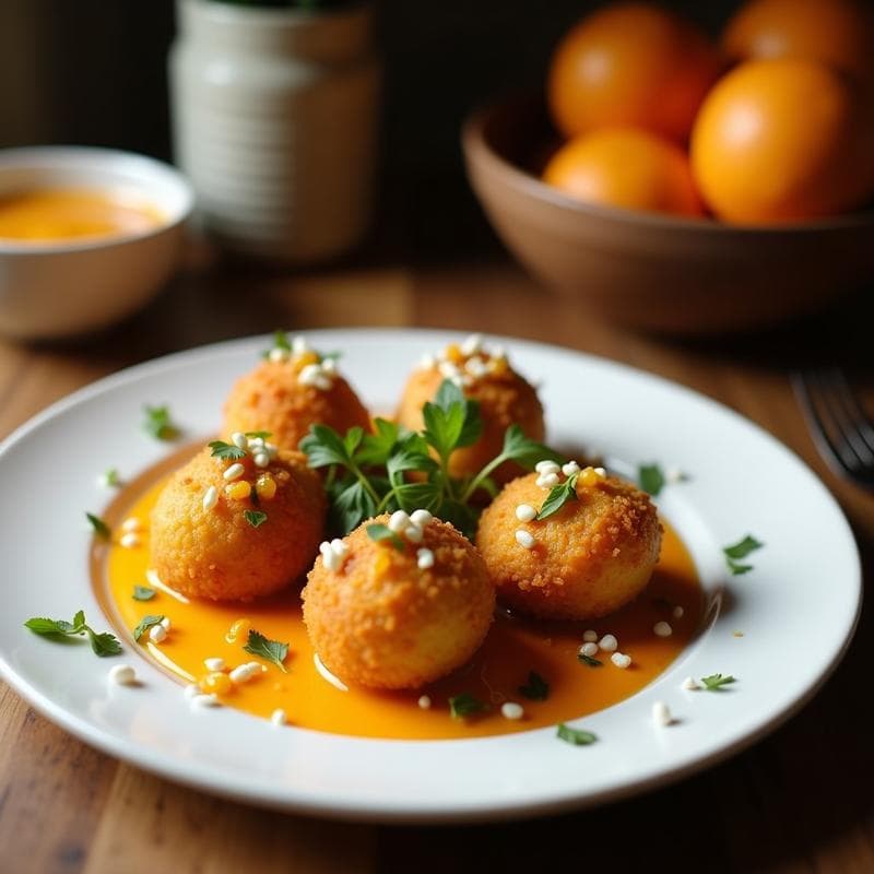 Brochetas de atún doradas en costra de especias canarias, servidas en plato blanco sobre fondo rústico, acompañadas de mojo de naranja brillante en cuenco de barro. Receta tradicional canaria en airfryer.