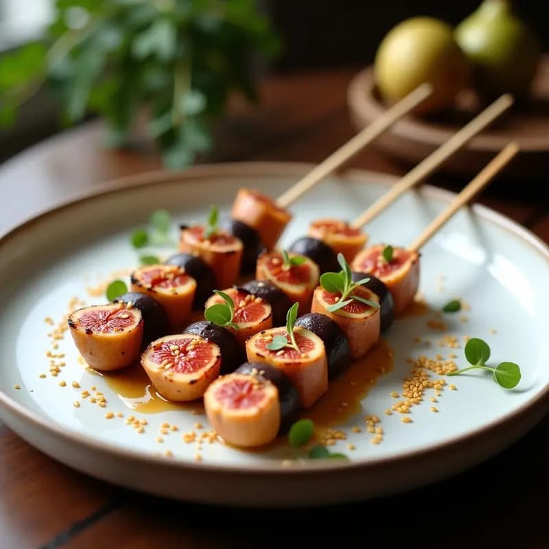 Brochetas de atún fresco y higos maduros doradas a la parrilla, servidas en un plato de cerámica blanca con vinagreta de sésamo espolvoreada y semillas de sésamo tostadas, receta de fusión japonesa-africana.