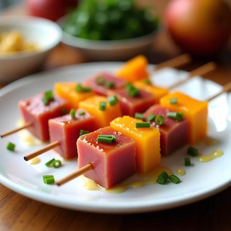 Brochetas de atún rojo y mango con marinada de wasabi, servidas en plato blanco con cebollino fresco, receta gourmet fácil y rápida.