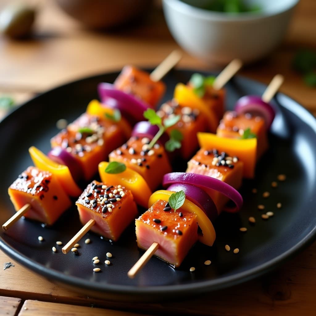 Brochetas de atún fresco glaseado con marinada de soja y jengibre, asadas en airfryer con trozos de cebolla morada y pimiento amarillo. Decoradas con semillas de sésamo negro y blanco, sobre un plato de cerámica negra con fondo de madera rústica.